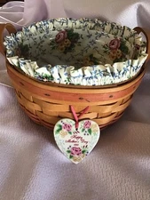 1995 Mothers Day Basket “ Basket Of Love “ With A Tie-on  And 2 Leather Handles 