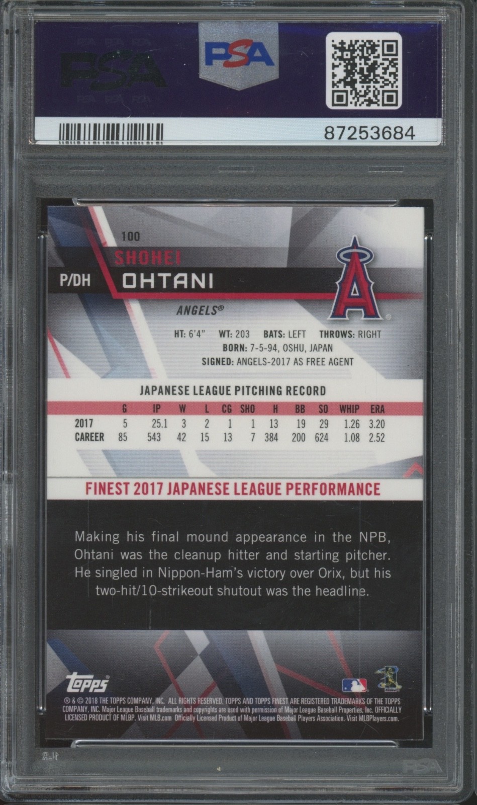 2018 Topps Finest #100 Shohei Ohtani RC Rookie Mint PSA 9 view 2