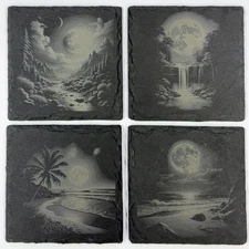 Moonlit Nature Slate Coaster Set – Engraved Night Sky Mountain, Waterfall,