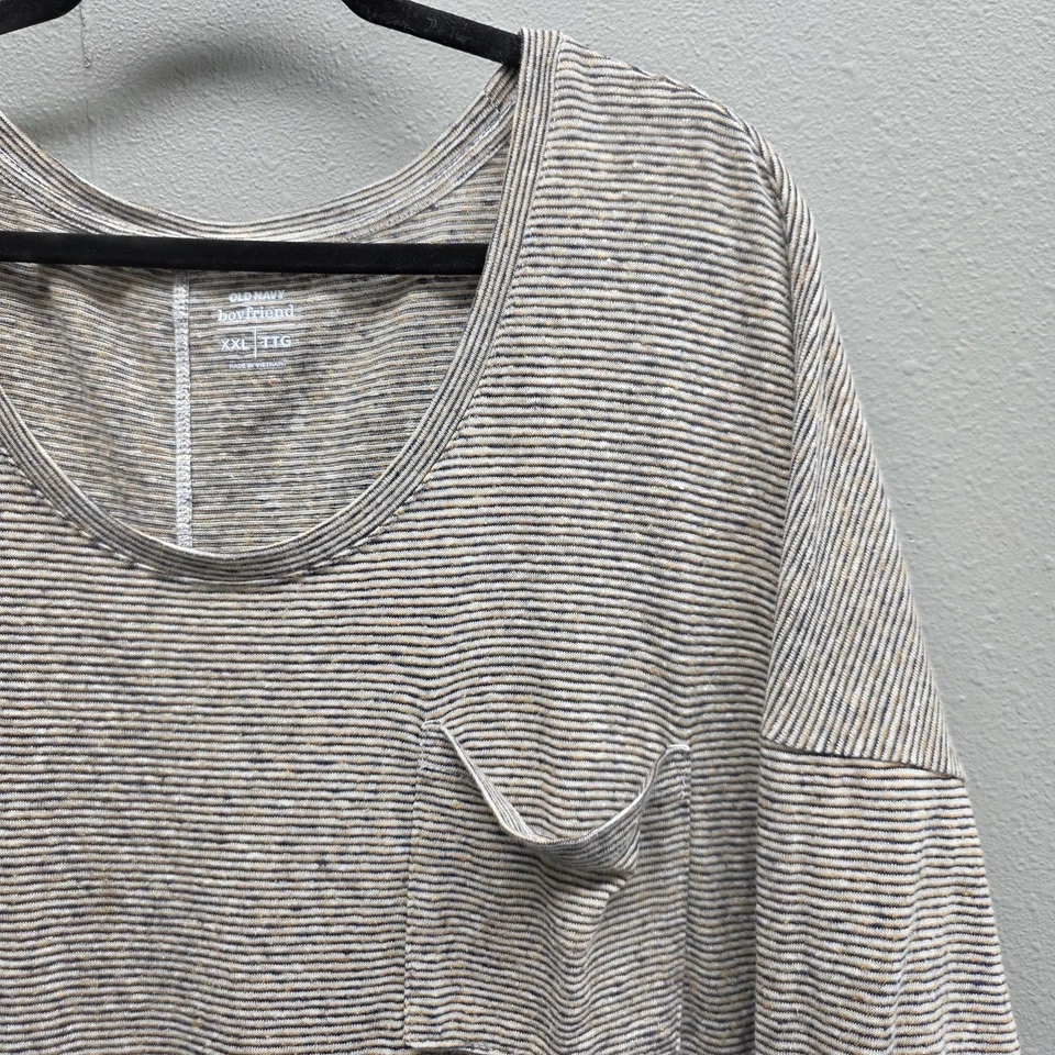 Old Navy Shirt Womens 2XL Beige Gray Striped Boyfriend Long Sleeve Linen Blend - Image 2 of 4