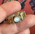 HEAVY VINTAGE STERLING SILVER & MOONSTONE BAND RING BRASS ACCENT ORNATE SIZE 7