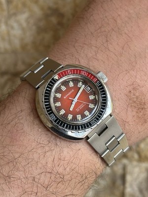 1970's Vintage Sandoz Diver Mini Redfish Watch Coke Bezel Orange Dial 34mm Rare