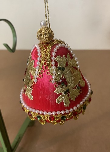June Zimonick Christmas Bell Ornament Red Gold Crystals Vintage - Picture 2 of 7