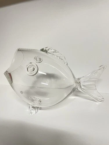 Vintage Blenko Style 14x10 Fish MCM Vase Bowl Hand Blown Clear Decorative Glass