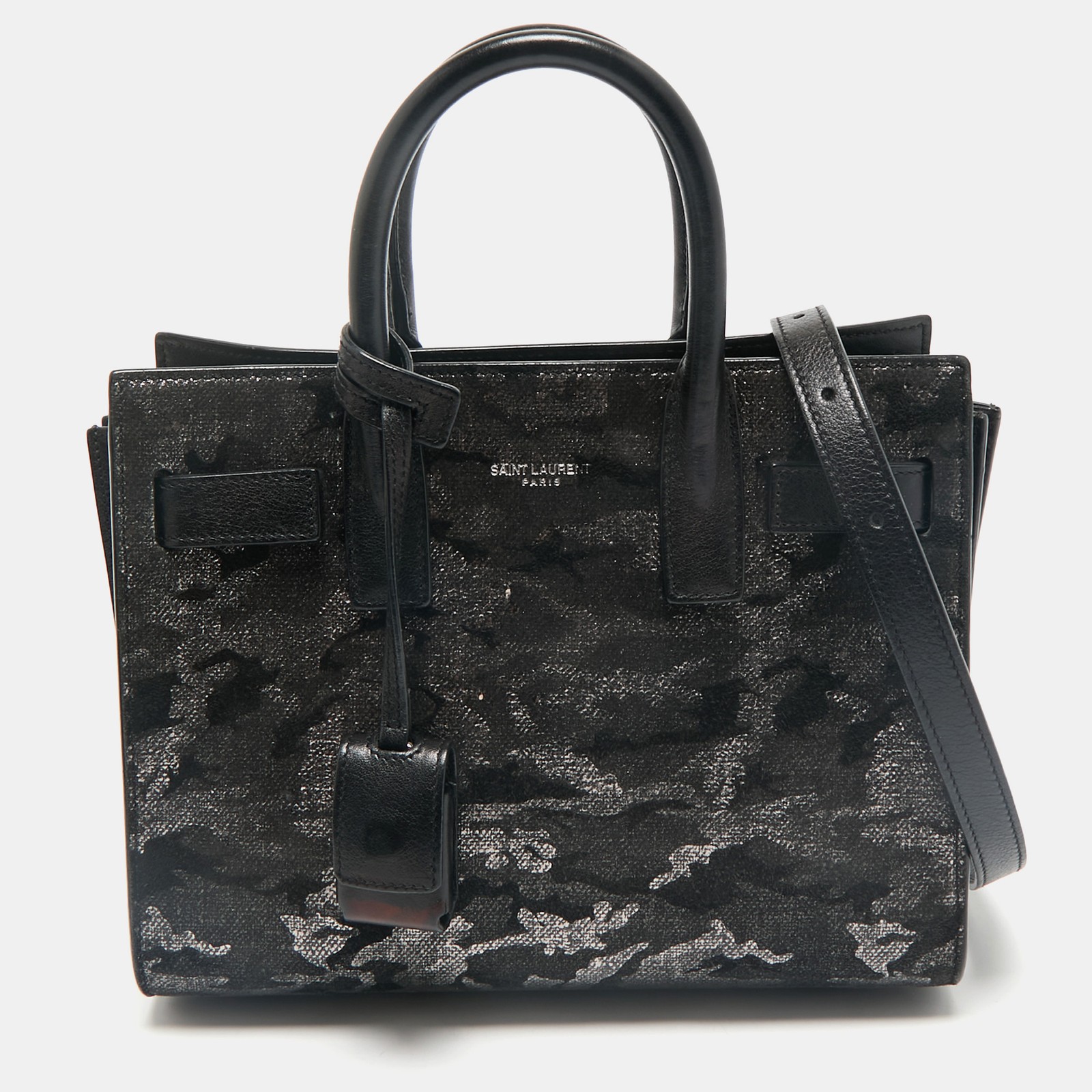 Saint Laurent Black Camo Suede Leather Nano Sac De Jour Tote