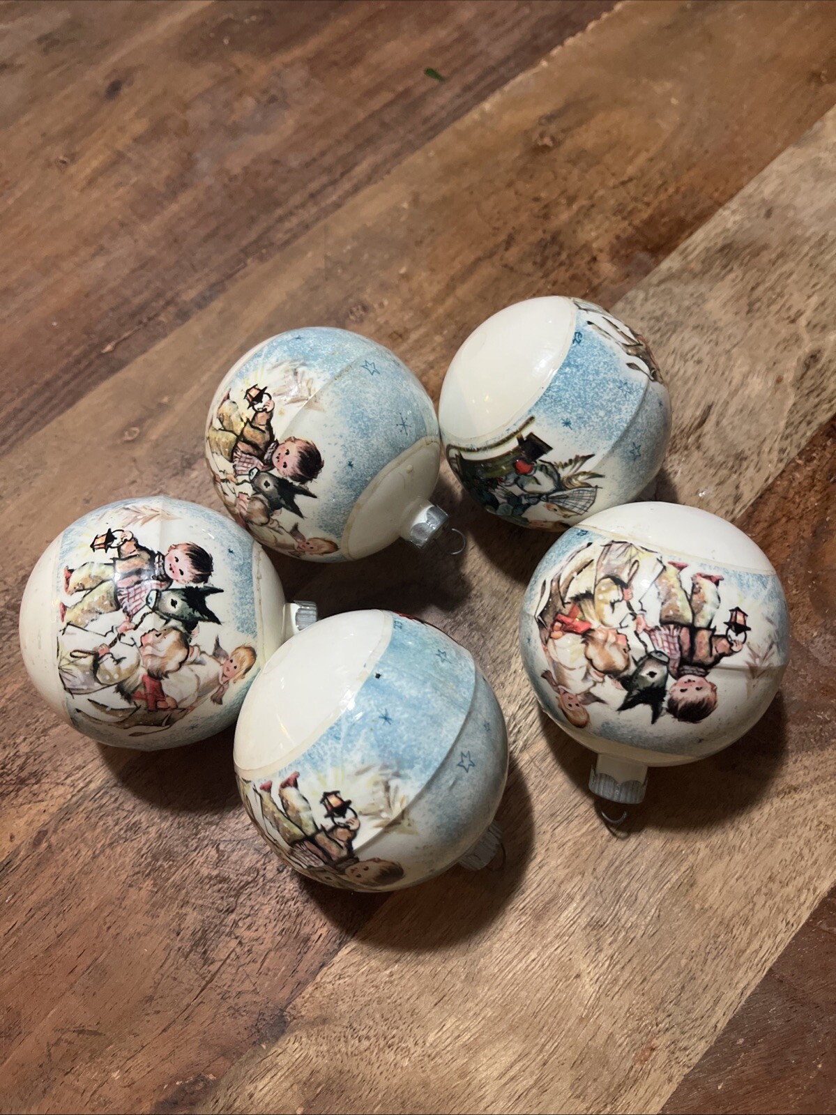 Vintage Lot of 5 Shiny Brite 2-Scene Vinyl Sleds with Angels and Ball Ornaments