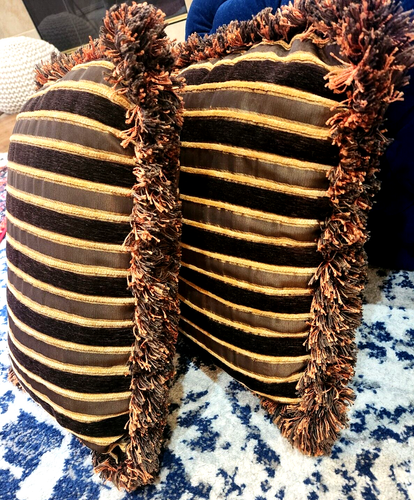 Beautiful Vintage Decorative Pillows w/fringe striped multi-color 2pc set - Picture 2 of 5