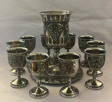 Vintage Kiddush Cup & Saucer & 10 Cups Silver Plated Embossed Grape & Leaf Dsgn