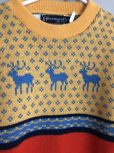 Vintage OBERMEYER Wollpullover bunt rot & gelb mit blauem Hirsch Größe S - Bild 2 von 3