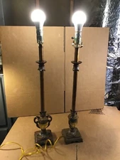Vintage 26” Set of  Metal Brass Tone Table Lamps Working Perfectly No Shades