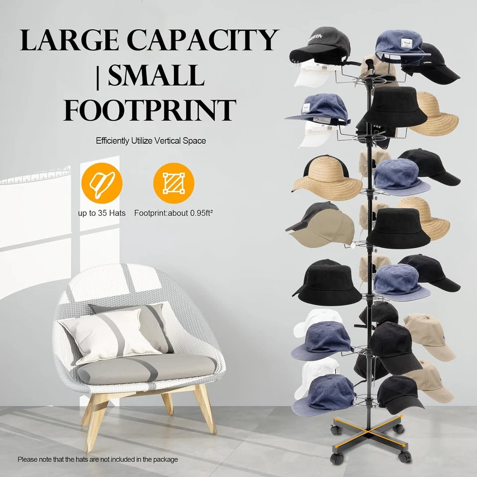 Rotating Hat Display Rack Free Standing Metal Floor Caps Headwear Stand 7 Tier - Image 4 of 4