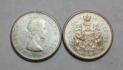 1x 1964 Canada 50 Cents - 80% Silver - Elizabeth II - Canadian