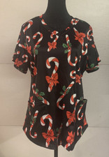 Christmas Candy Cane Scrub top, Black, Size L, 2 pockets