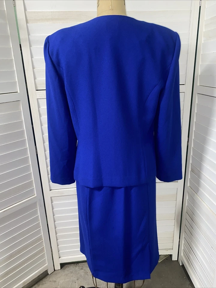 Leslie Faye 80s 90s Women's Blue Skirt Suit Button Blazer Midi Pencil Lined 14 - Image 4 of 4