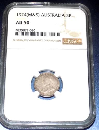 1924 Australia 3 Pence Threepence NGC AU50 3P Australian Certified KM# 24 Coin