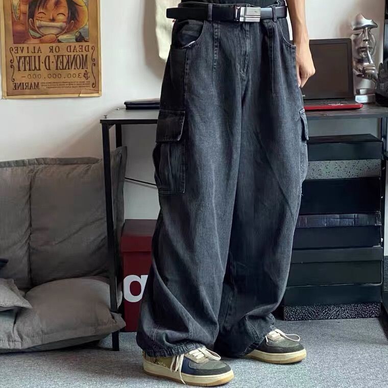Men Baggy Jeans Hip Hop Denim Pants Pockets Loose Wide Leg Big
