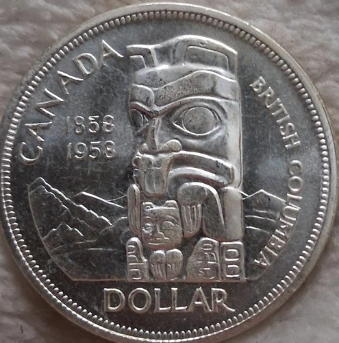 PL Silver Dollar CANADA 1958 British Columbia Centennial Totem UNC.DEATH DOLLAR