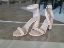 Stuart Weitzman Less Nudist Leather Ankle Strap Block Heel Sandals in Beige 6.5