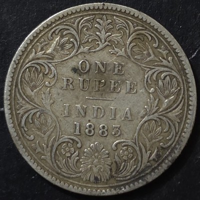 Key Date Rare British India Victoria Silver Rupee 1883 B Raised Cat$200 SA33