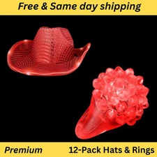 12-Pack Red LED Cowboy Hat with Flashing Jelly Bumpy Rings – Light-Up Party Fav