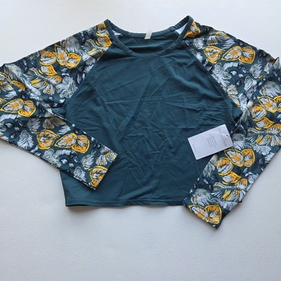 Garnet Hill Green Colorblock Cropped Rashguard   Size L UPF 50+ Swim Top