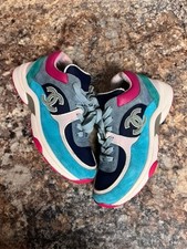 Chanel CC trainer sneaker navy pink turquoise size 36.5 6.5 wmns 5Y authentic