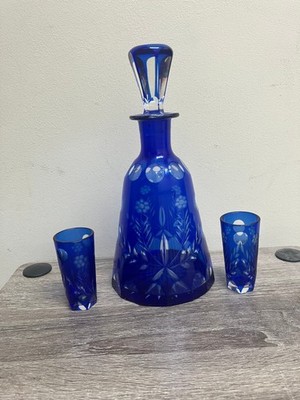 Vintage Bohemian Cobalt Blue Cut-to-Clear Decanter & Two Glasses
