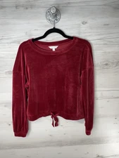 LC Lauren Conrad Sweatshirt Womens Small Burgundy Velour Tie Hem Long Sleeve
