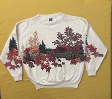 Vtg 1992 Un sex Lifestyles Fall Nature Cottage Crewneck Wht Sweatshirt One Size