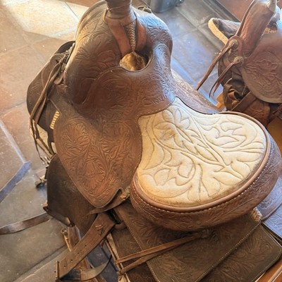 Vintage Olsen Nolte Floral Tooled Western Saddle + Hand Braided Bridle Set 16 
