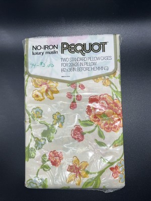 NOS Pequot No Iron Luxury Muslin 2 Standard Floral Pillow Cases Mid Century 70s
