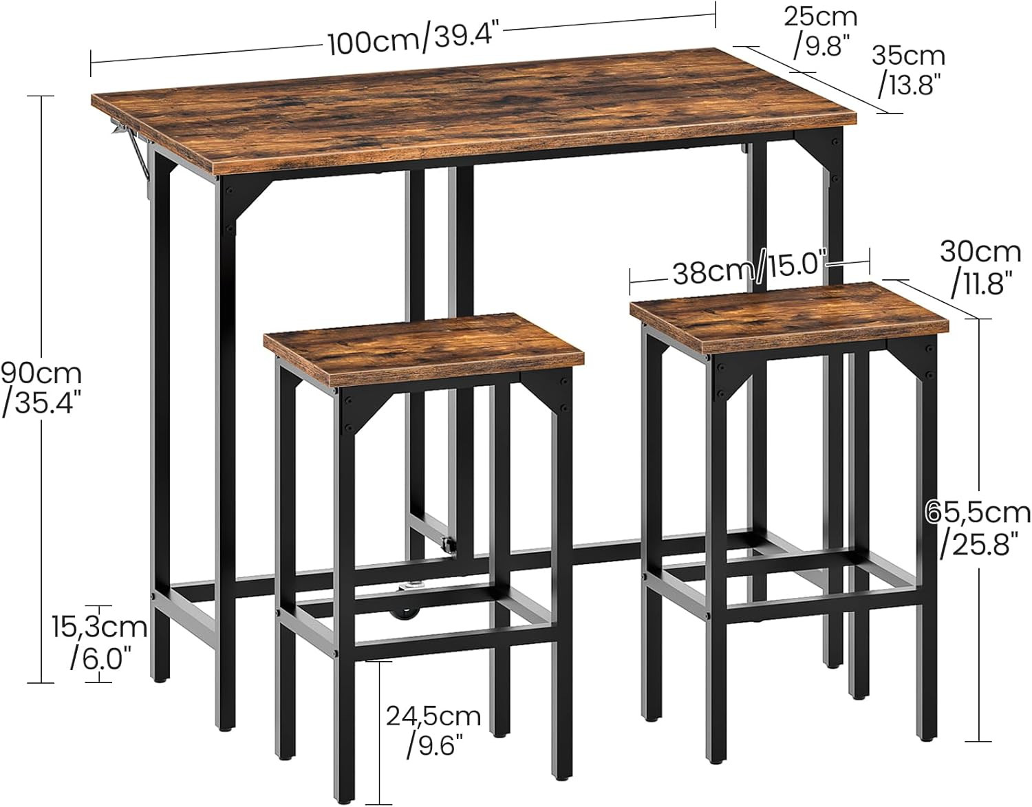 Bar Table and Stool Set, 39.4'' Folding Dining Table with 2 Stools, Industrial S
