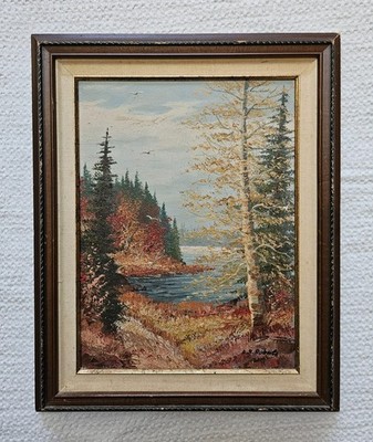Vintage Robert Oset Oil Canvas Painting Forest River Landscape Signed AM Roberts