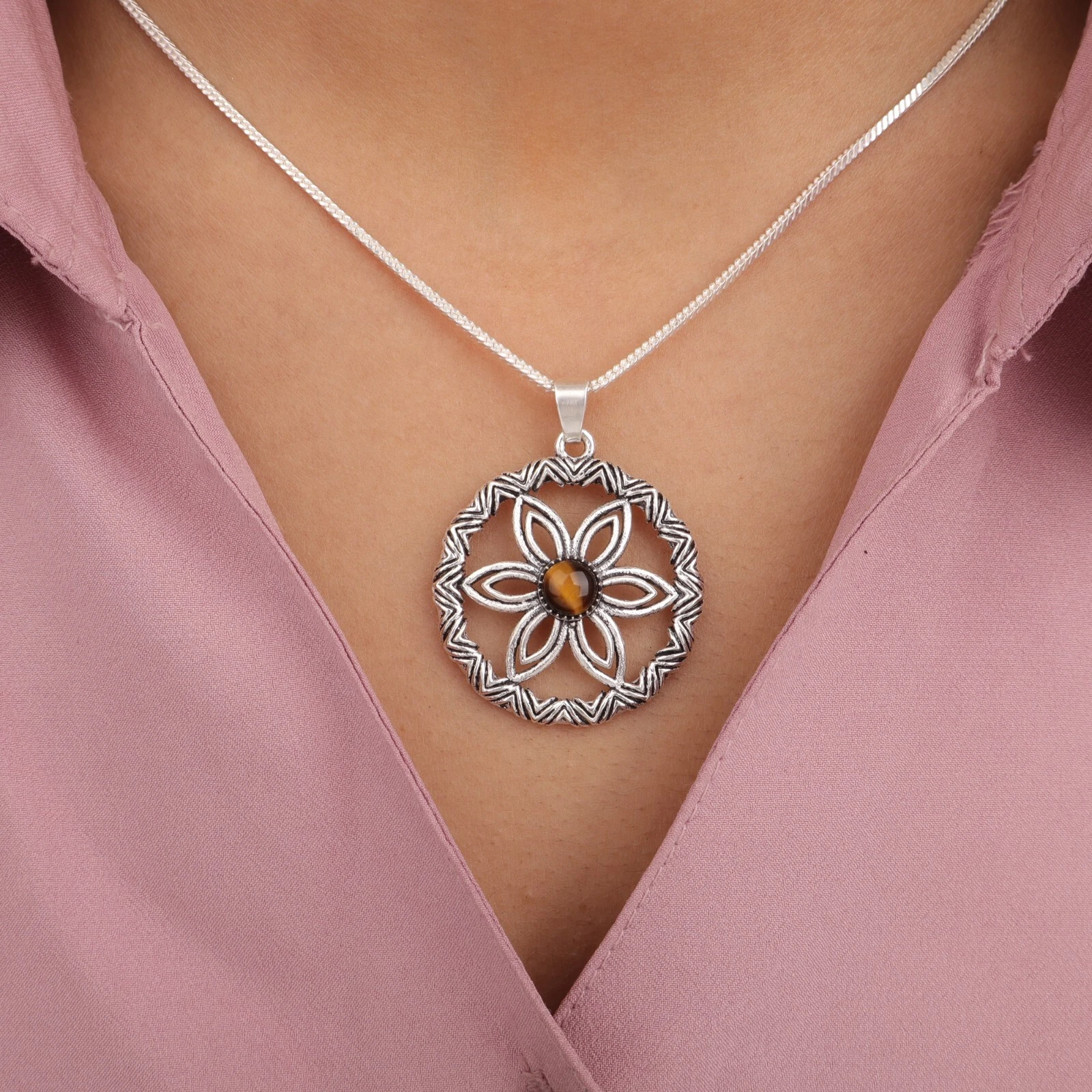 VETEMENTS Ciondolo tondo gioiello argento sterling 925 pietra preziosa occhio di tigre giallo naturale 1 48"