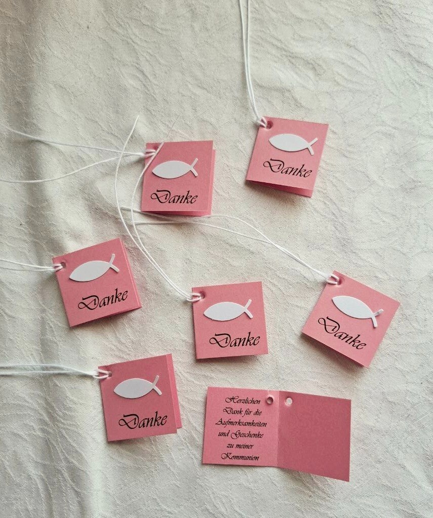 20 kleine Kärtchen Giveaways Dankeschön Danke Kommunion pink + Fisch + Band