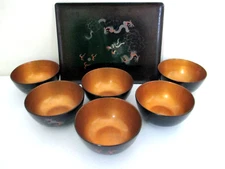 Antique Chinese Foochow Sake Set Black 6 Cups & Serving Tray