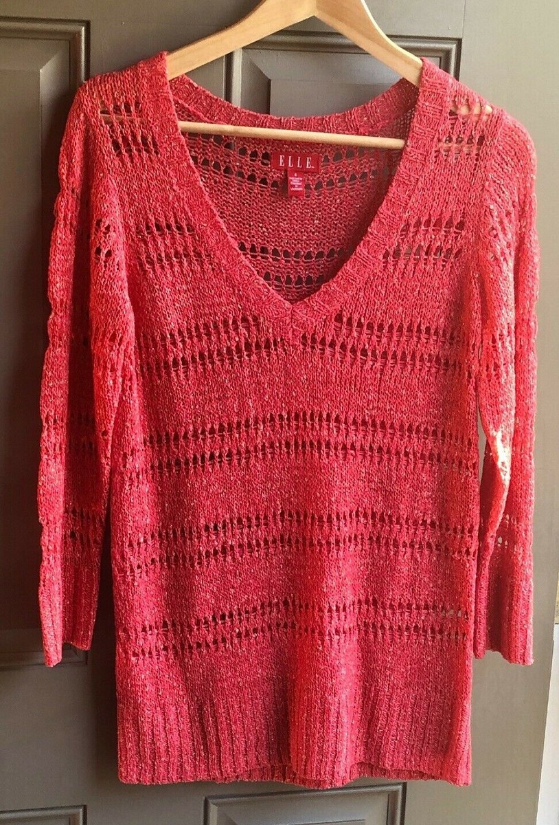 Elle Women's Knitted Sweater S Bright Orange V-Neck See-Through | eBay