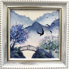 Original oil painting framed mountains landscape, Zen Philosophy Landscape 5x5in