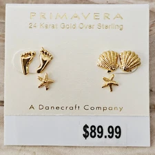 3 Pair Shell Starfish Foot Prints Stud Earrings Primavera 24K Gold Over Sterling