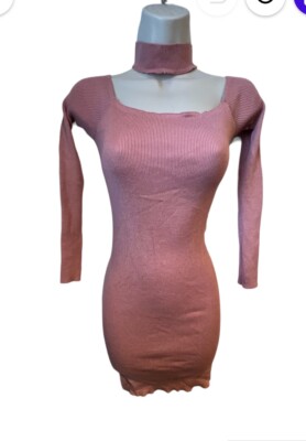 Ambiance Dusty Rose Pink Knit Sweater Dress 3/4 Sleeves Choker