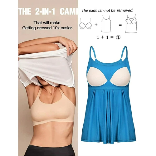 Women Flowy Pleated Camisole with Built-in Bra Loose Casual Sleeveless Tank Tops - Picture 8 of 48