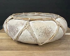 Vintage Rustic Handcrafted Pottery Bowl w/ Reed Wrap Whitewashed Earthenware 10”