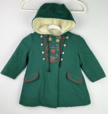 Vintage Rothschild Green Wool Coat Toddler Girls 3 USA Lined w/Hood Embroidered