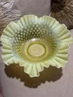 10.5inch Fenton Topaz Vaseline Opalescent Hobnail Ruffled Candy Dish