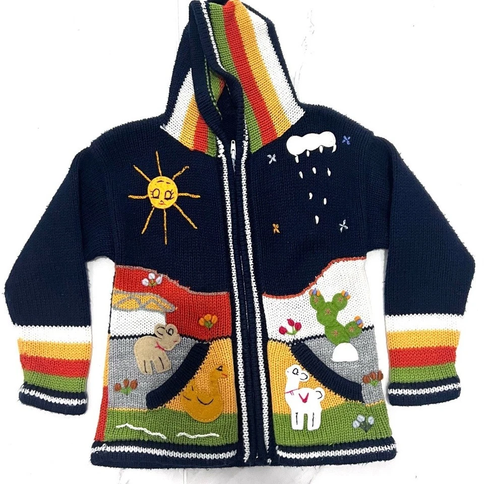 Kuyay Colorful Knit Hooded Sweater with Animal Design - Image 2 of 4