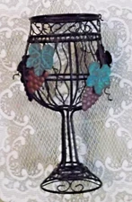 Decorative Metal Cork Holder - Wine Glass Shaped w. Leaves and Grapes - 11" Tall