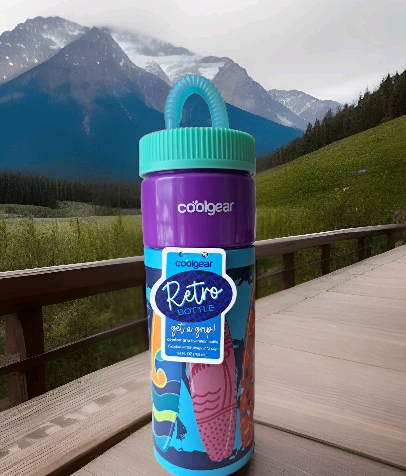 Cool Gear Retro Water Bottle Comfort Grip Flexible Straw Surfboards 24 Oz!