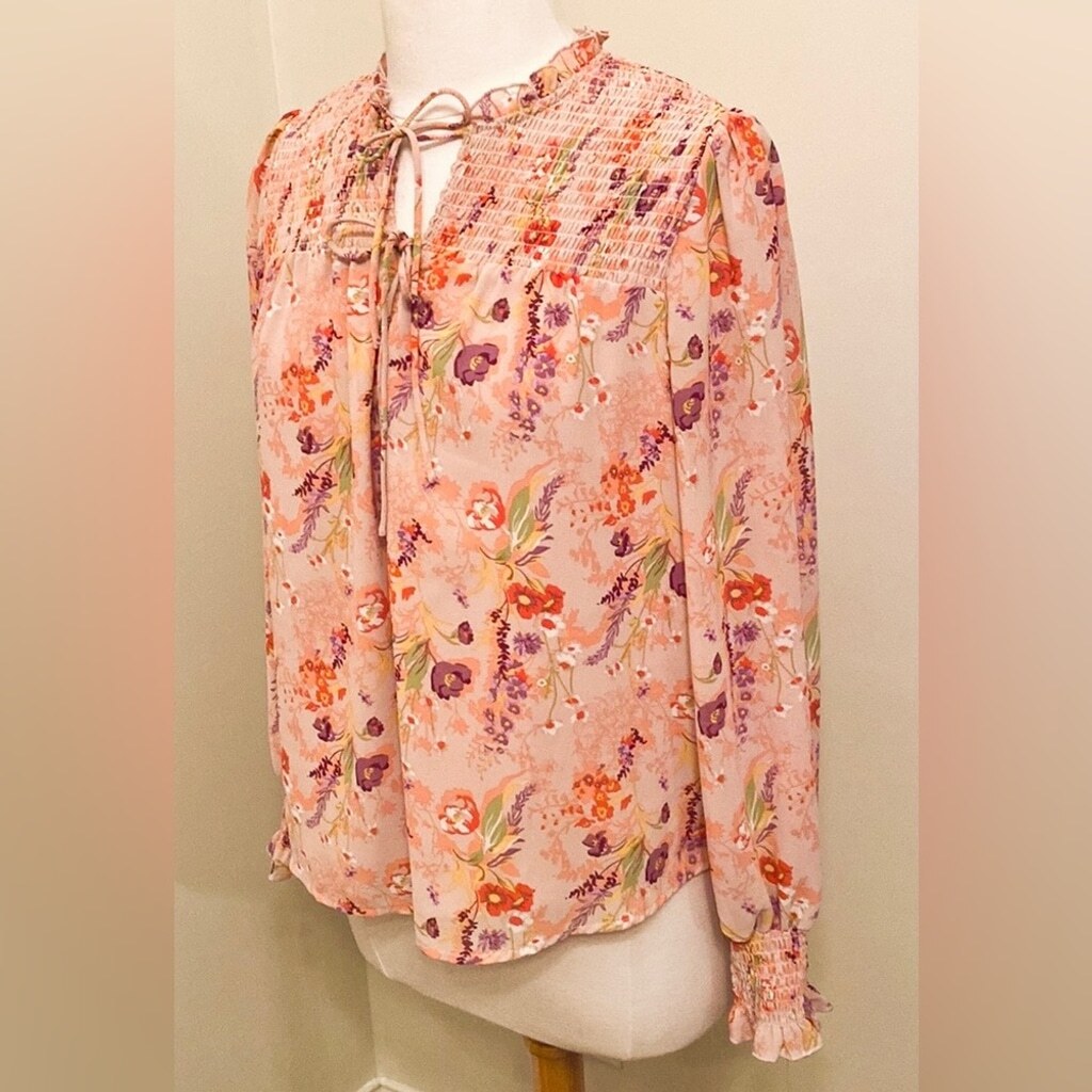 Ophelia Roe Blush Pink Floral Smocked Front Tie Up Long Sleeve Lined Top Size M