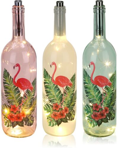 BRUBAKER Lichterflasche Flamingo Hibiskus Flaschenlicht 10 LED Lichter 35cm Höhe - Bild 1 von 14