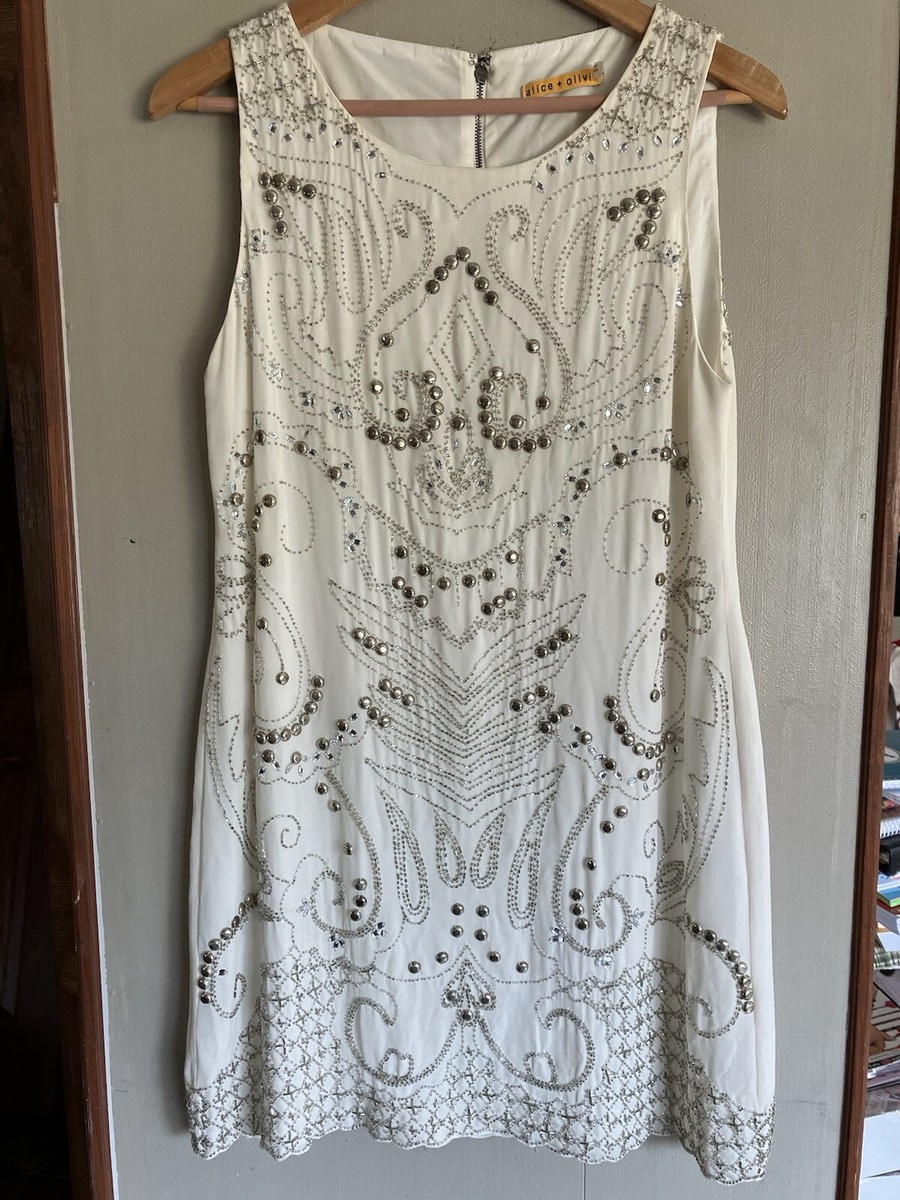 beaded shift dress Izzie White Beaded Mini Dress - XS Size - Women's Dresses